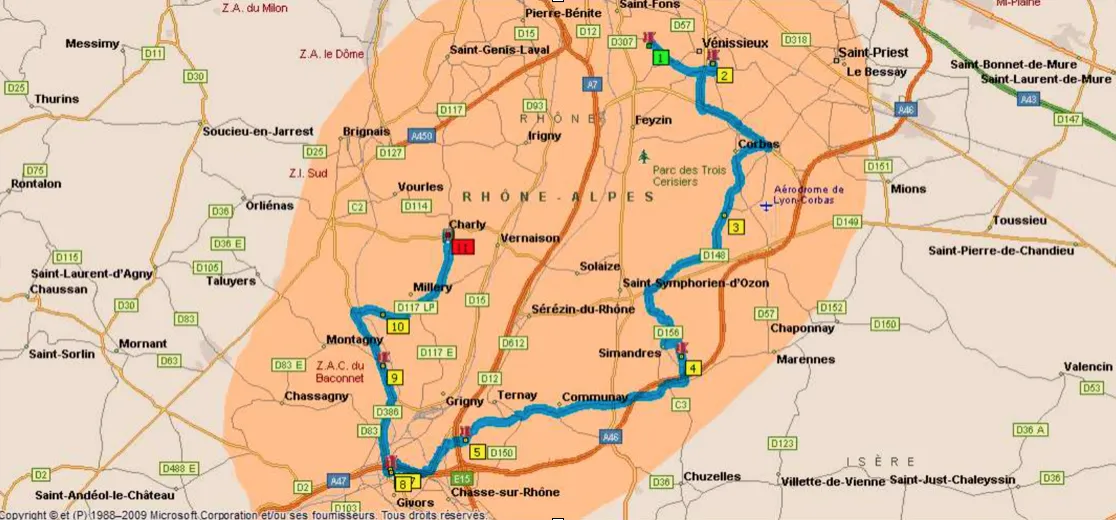 Carte d'exemple d'itinéraire  de Vénissieux à Charly