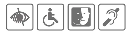 Pictogrammes des différents handicaps : visuel, moteur, mental, auditif
